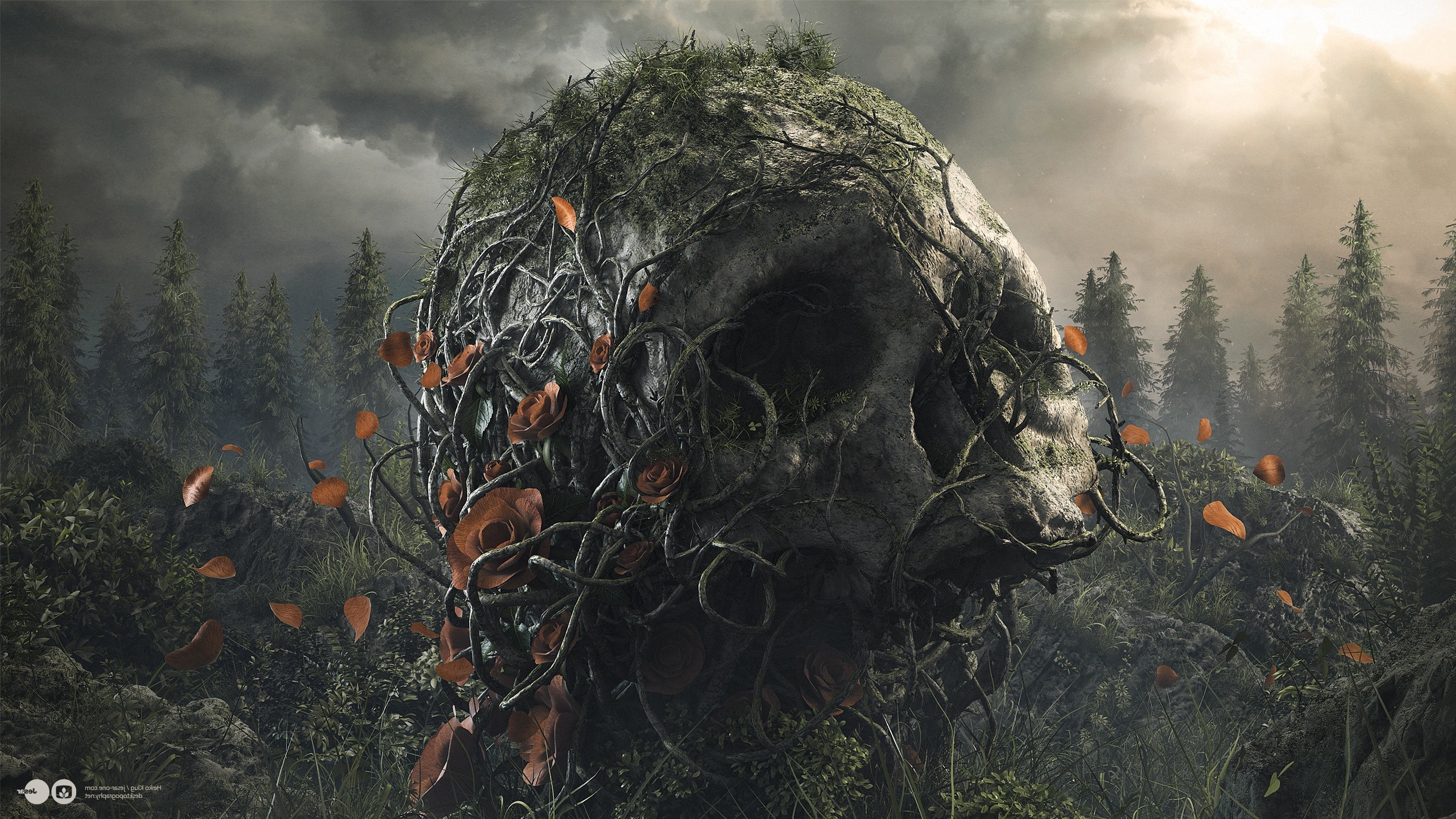 Desktopography Skull Nature Branch Trees Overgrown Wallpaper