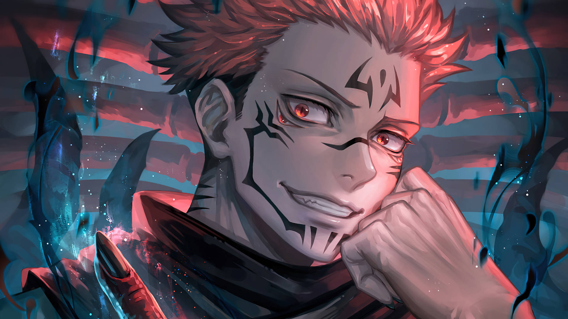 Close-up illustration of a male anime character with reddish hair, facial markings, and a confident expression