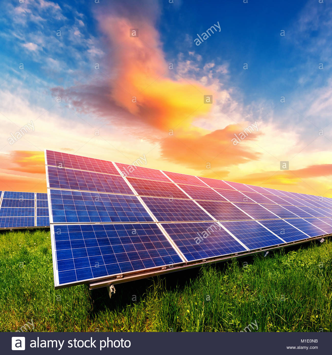 Solar Panel On Beautiful Orange Sundown Background Stock Photo