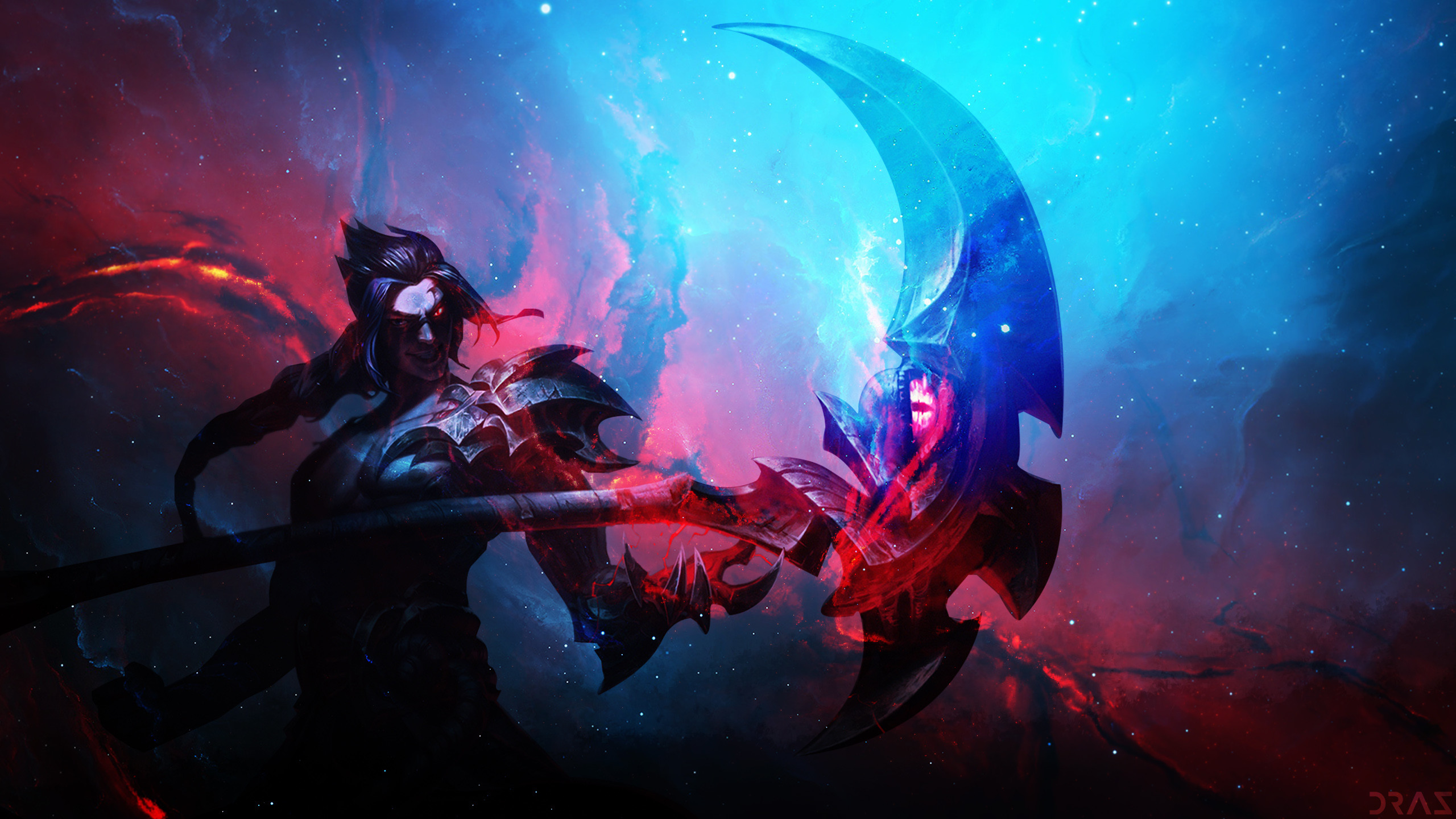 A League of Legends champion wields a large, menacing scythe against a backdrop of a vibrant, cosmic nebula