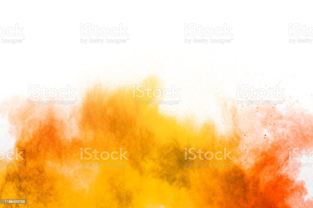 Abstract Yellow Orange Powder Explosion On White Background Ze