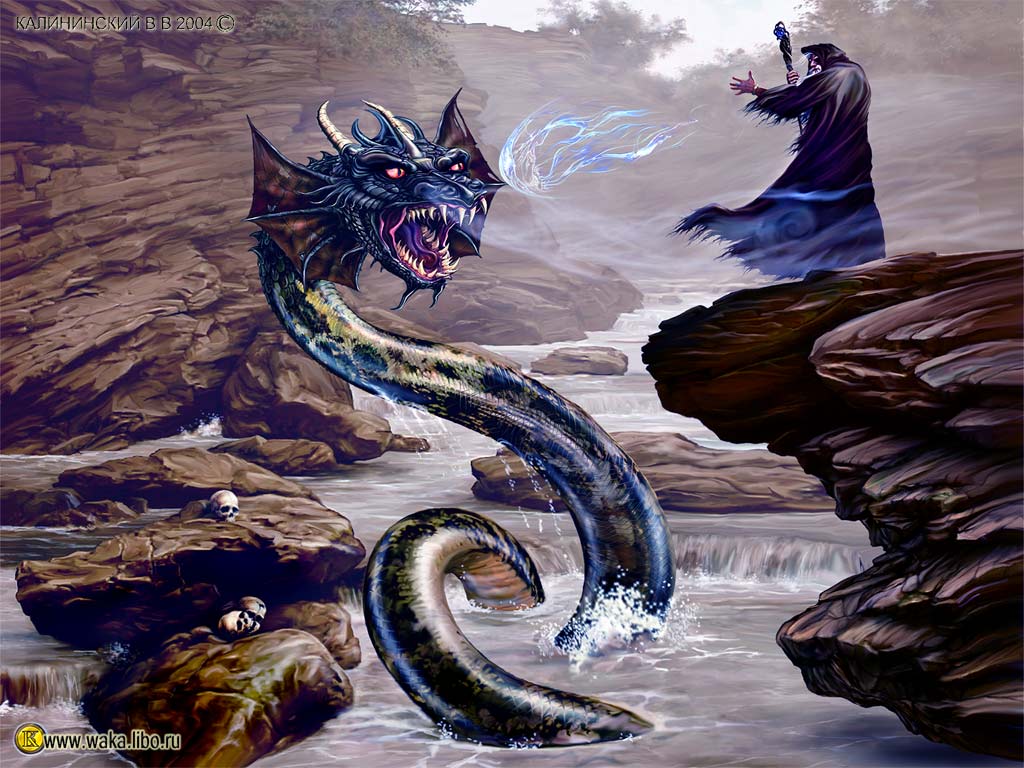 A fierce, dark-scaled dragon emerges from a rocky river, confronting a cloaked sorcerer who wields a magical staff and unleashes a bolt of energy