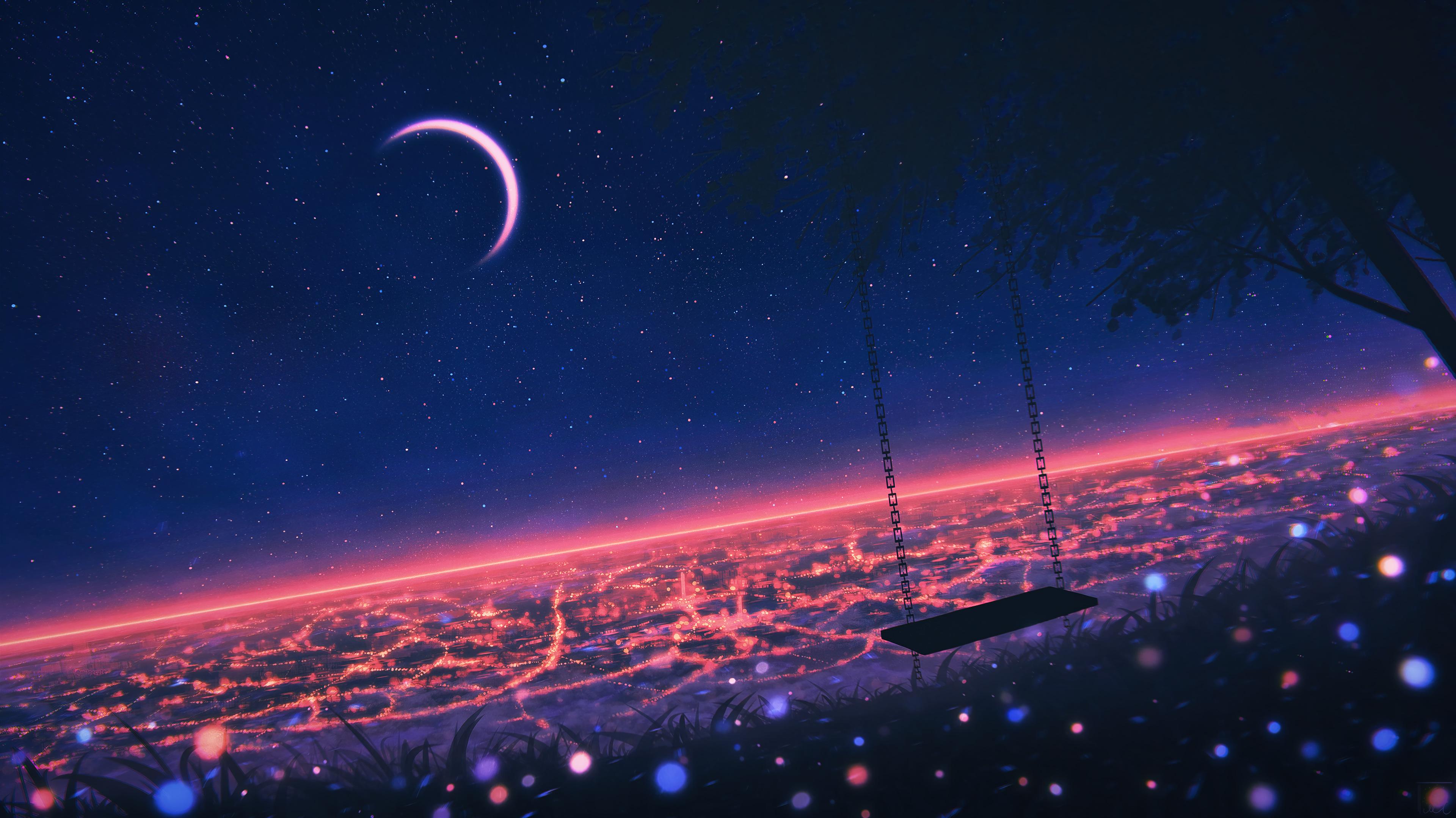 Night Scenery Starry Sky Anime Art Wallpaper 4K 83190