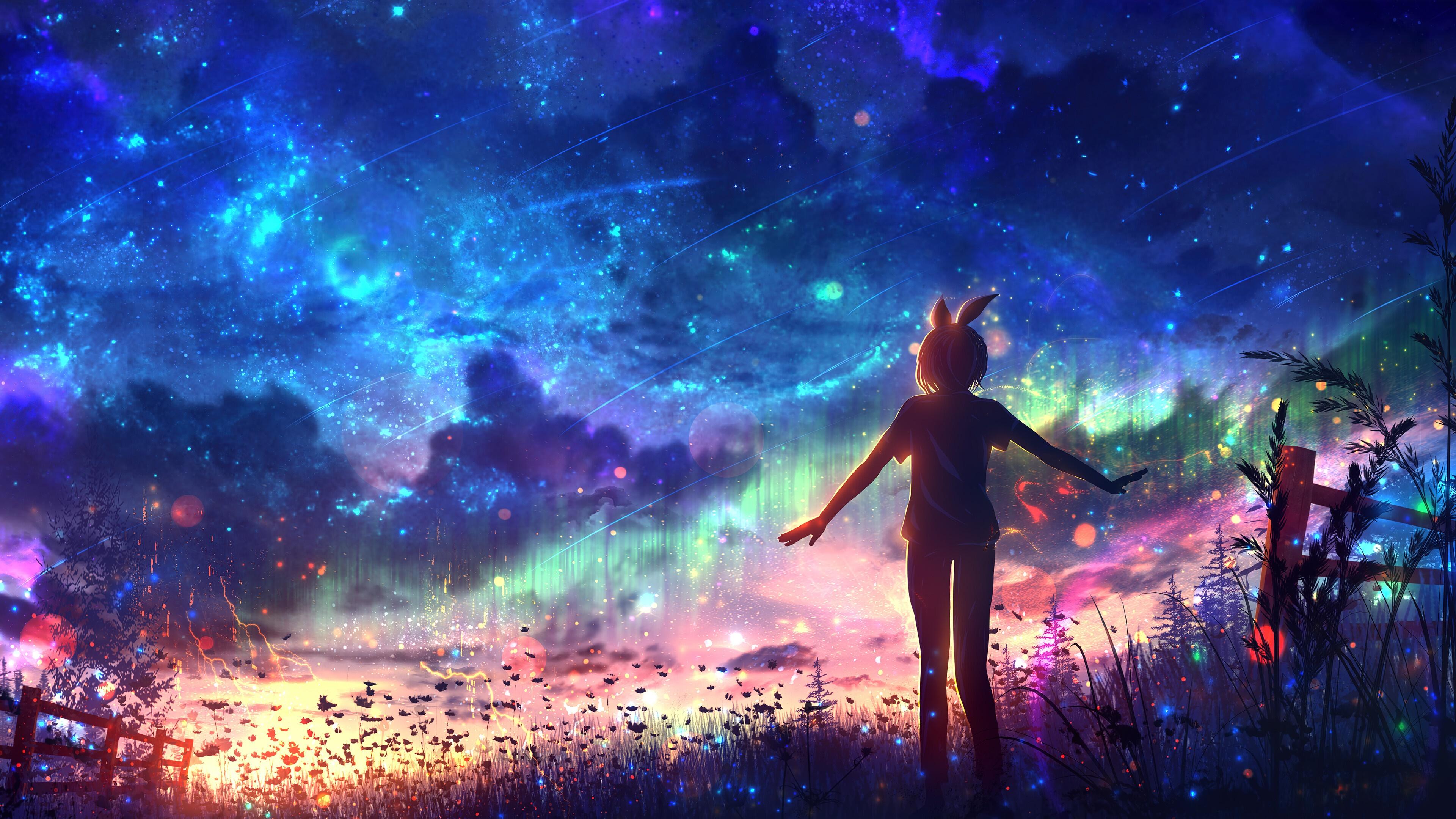396810 wallpaper sunset starry sky stars anime scenery art