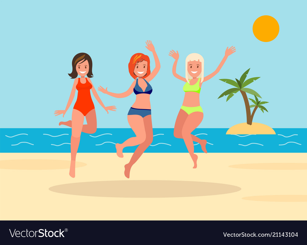 Three Girls Jump On The Beach Background Vector Image