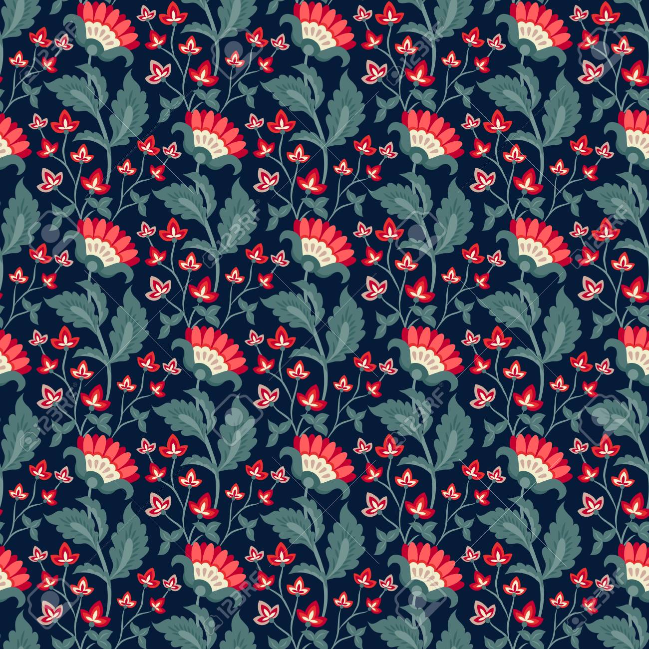 Floral Seamless Pattern Jacobean Style Flowers Colorful Herbal