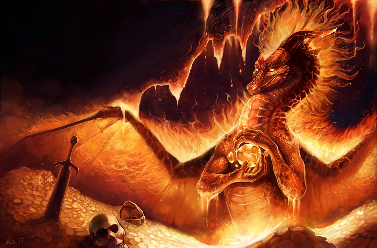 Wallpaper Swords Skulls Dragons Gold Fantasy Fire
