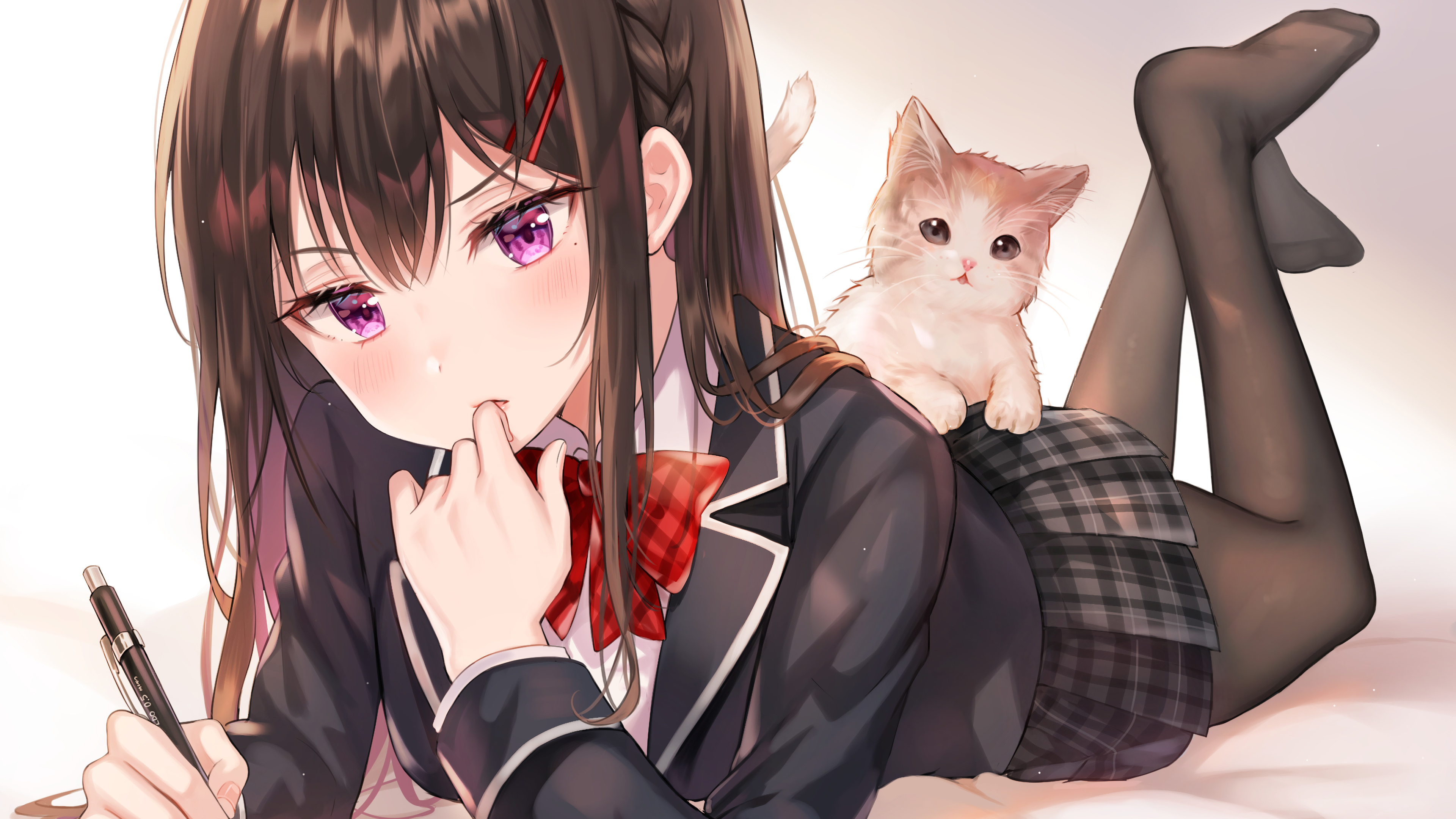 Anime Girl Studying Student Uniform Cute Cat 4k Wallpaper