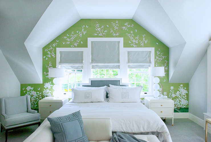 Green And Blue Bedroom Features Modern Floral Wallpaper Accent Wall