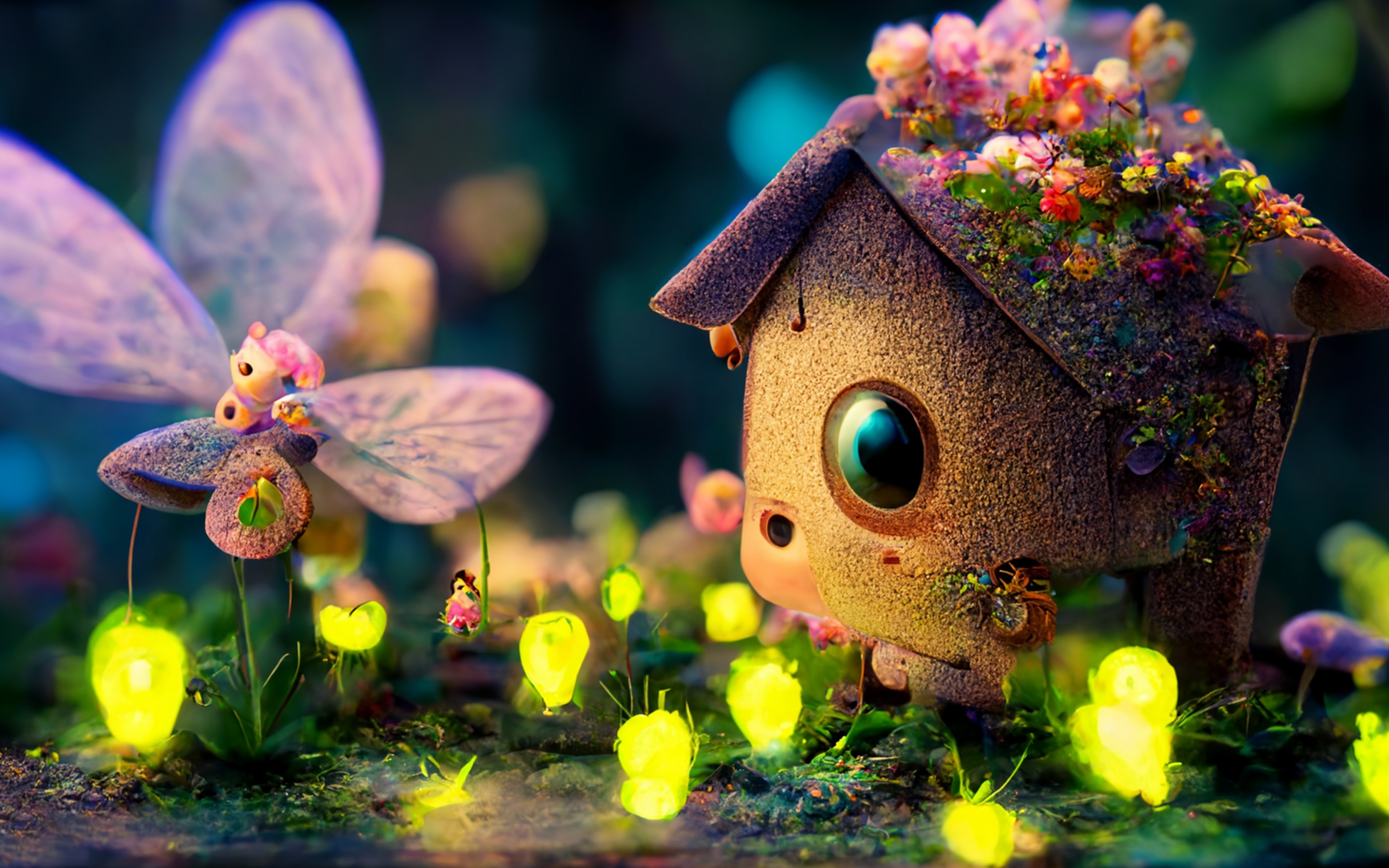 Whimsical Desktop Wallpaper: A Tiny House Creature and a Glowing Butterfly in a Magical Forest