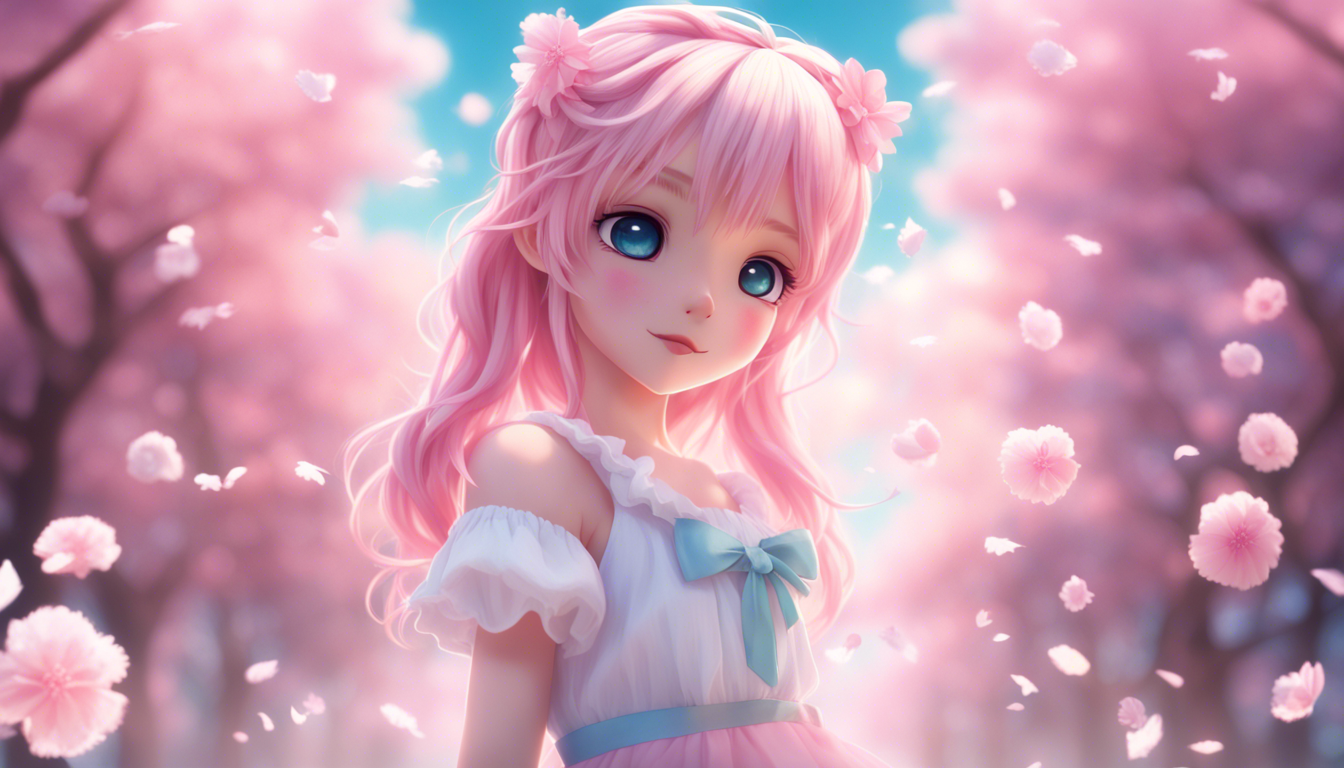A High Definition Wallpaper Featuring Cute Anime Girl With Pastel Pink Hair Big Blue Eyes And Wearing Frilly White Dress The Background Should Be Dreamy Rainbow Fluffy Clouds Floating Cherry Blossom Petals Make Sure Overall Design Is Soft Sweet Full Of Kawaii Charm