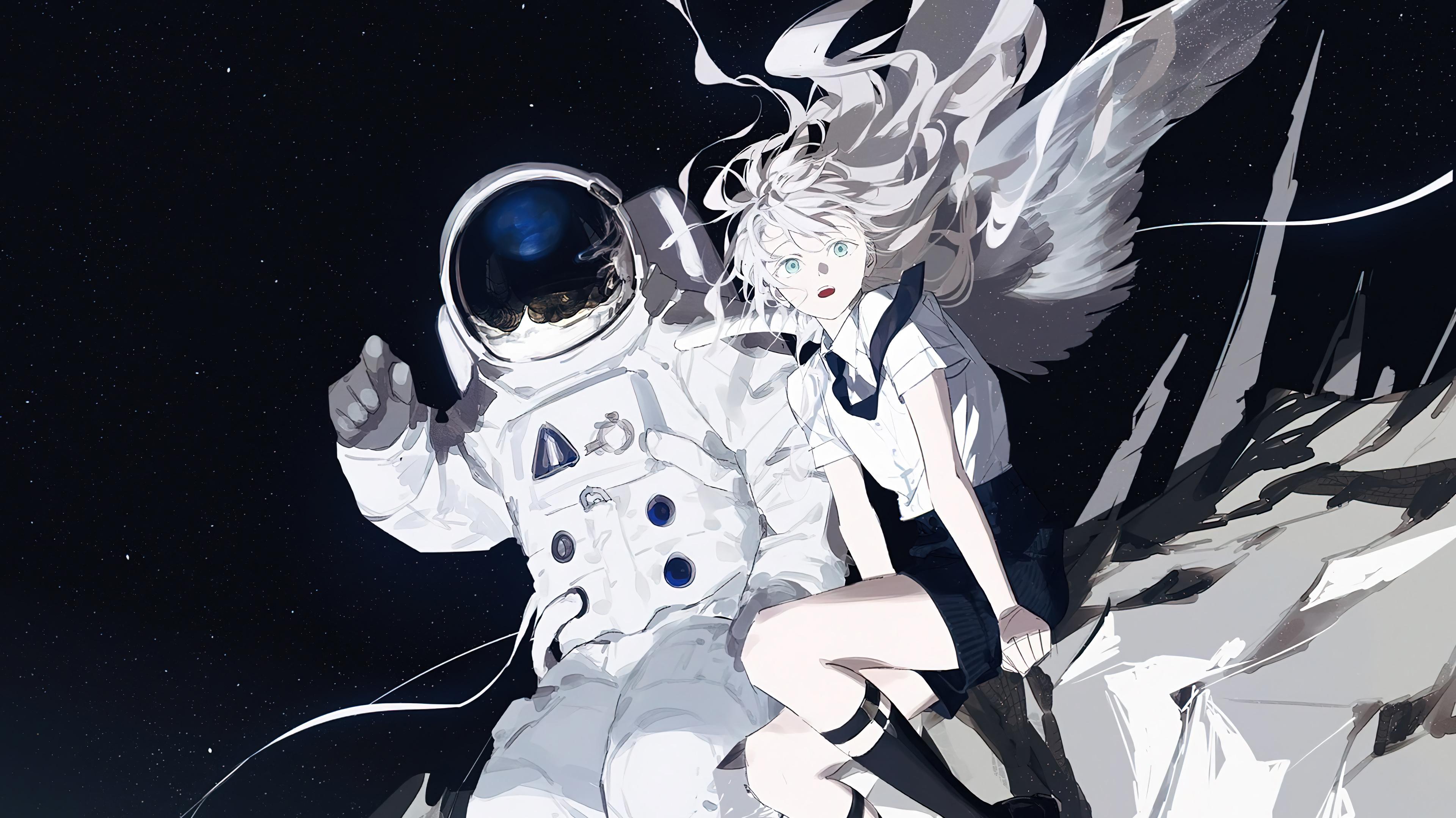 Anime Girl with Astronaut Wallpaper 4K 2900g
