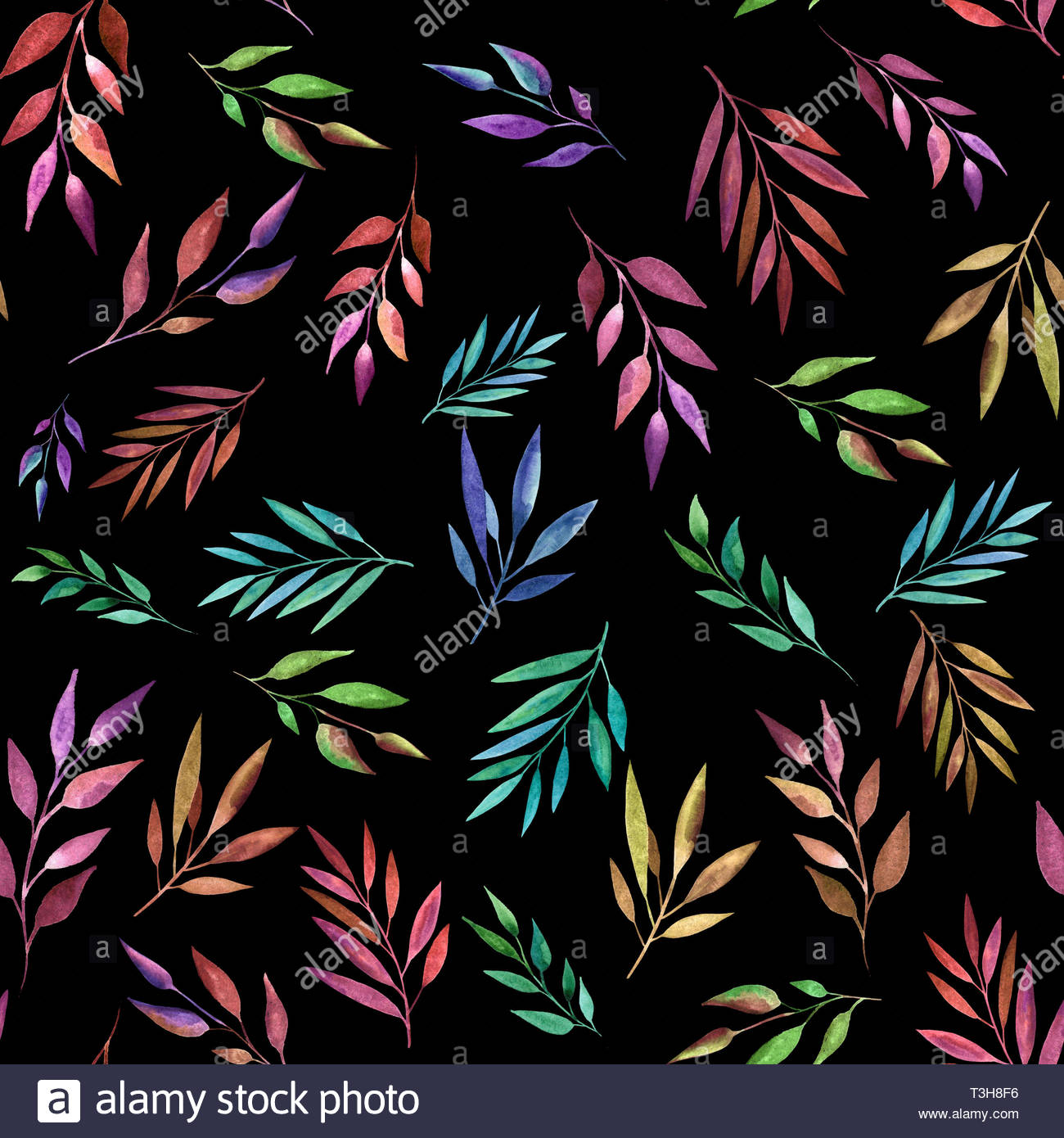 Abstract color branches on black background seamless pattern
