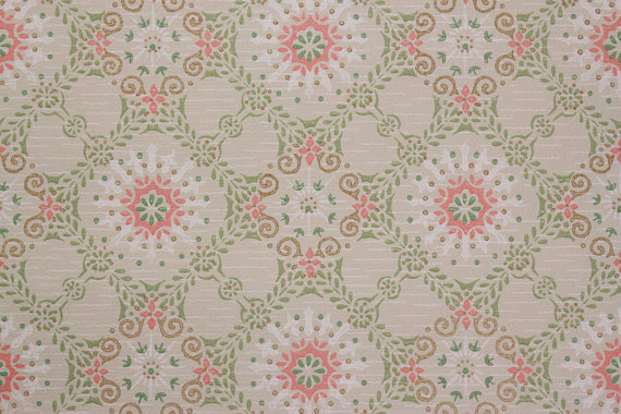 1960s Vintage Wallpaper Pink White and Green Geometric on Gray Green 570x380