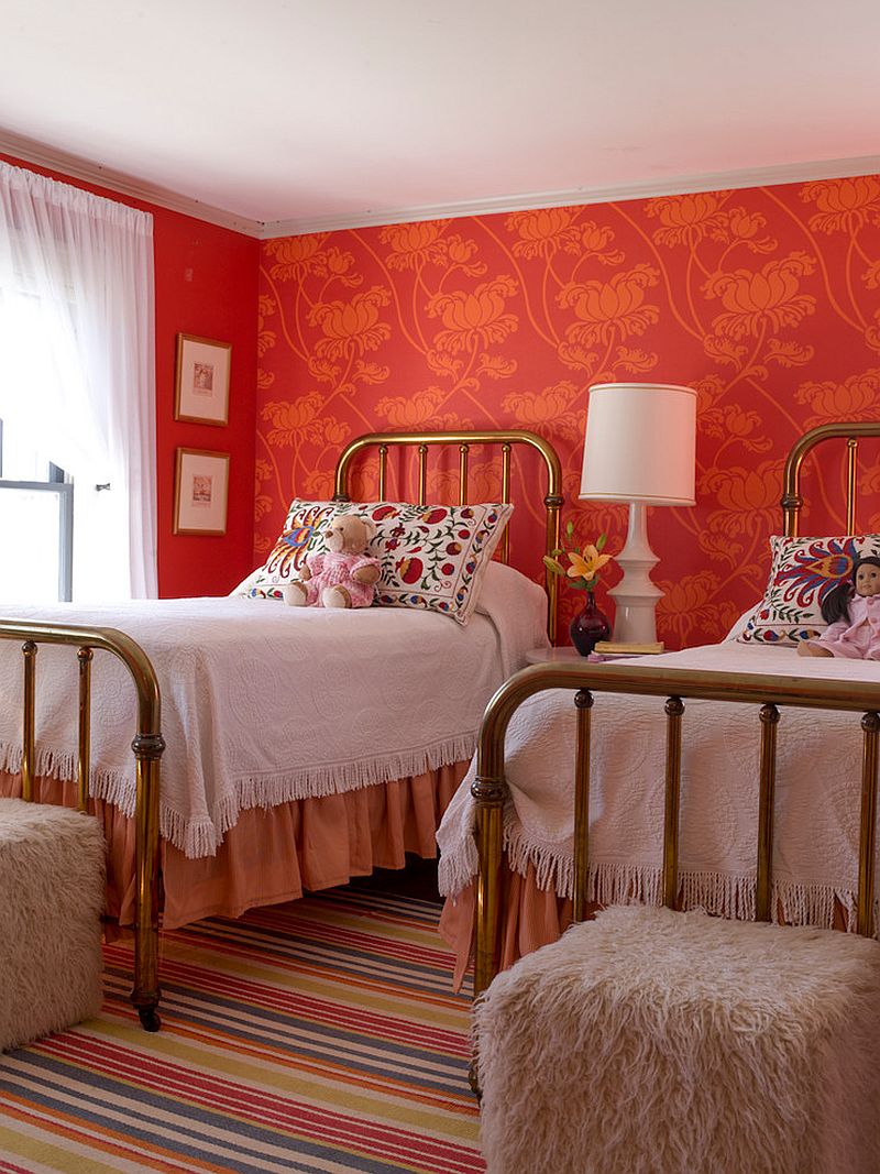 Modern farmhouse style bedroom with red and orange wallpaper and 800x1067
