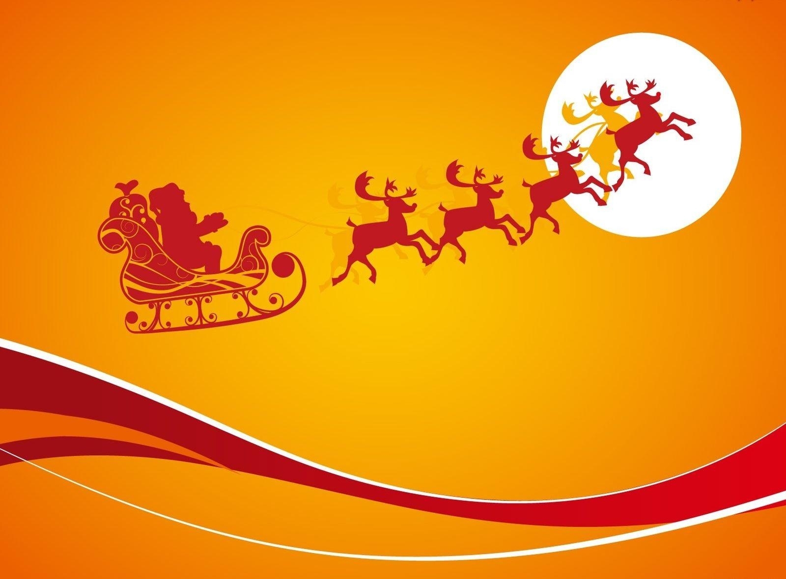 Santa Claus flying his sleigh with reindeer against a bright orange background and a full moon