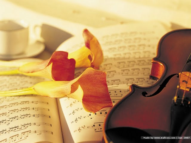 Romantic Scene Flowers Violin And Music Score Wallpaper