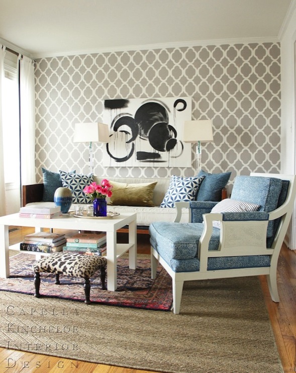 Quatrefoil Wallpaper Contemporary Living Room Capella Kincheloe
