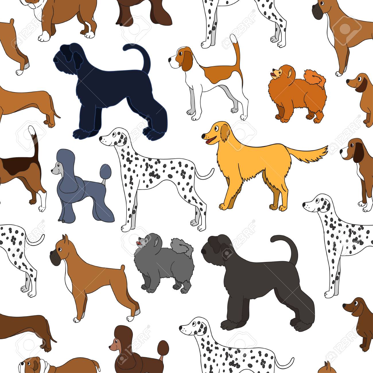 Cute Seamless Pattern With Cartoon Dogs Different Breeds Good