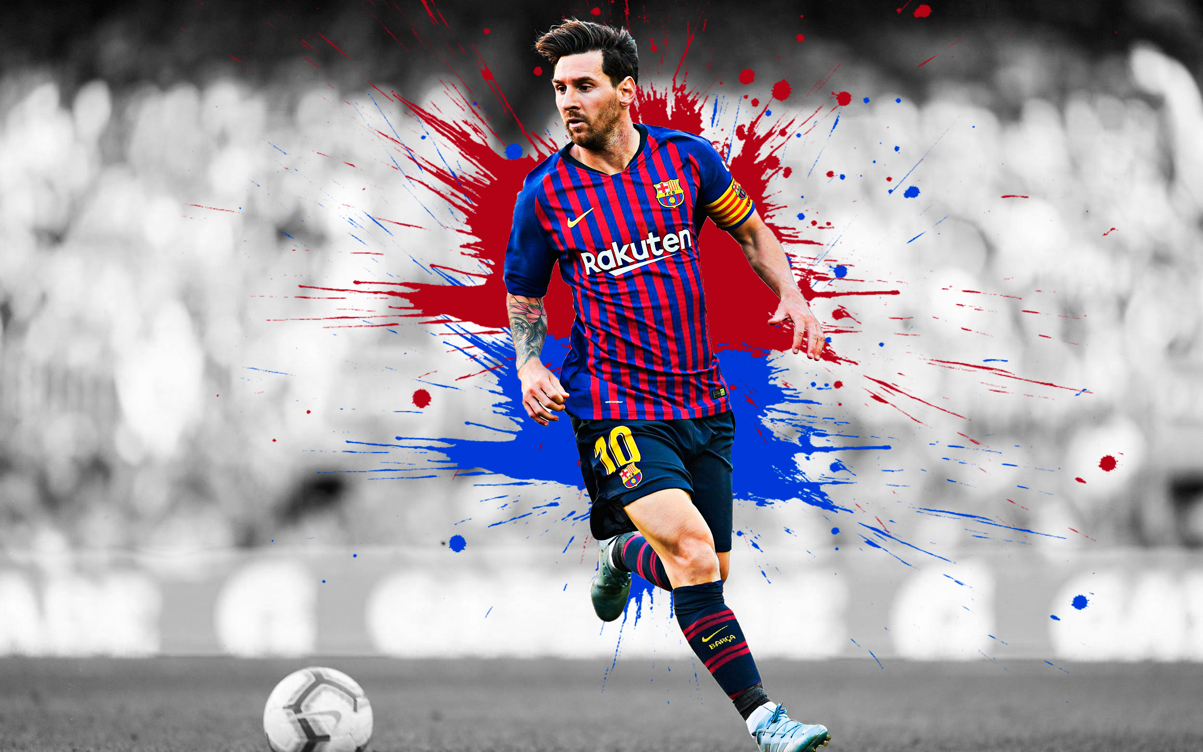 Lionel Messi dribbling the ball in a Barcelona jersey, with dynamic red and blue paint splatters in the background