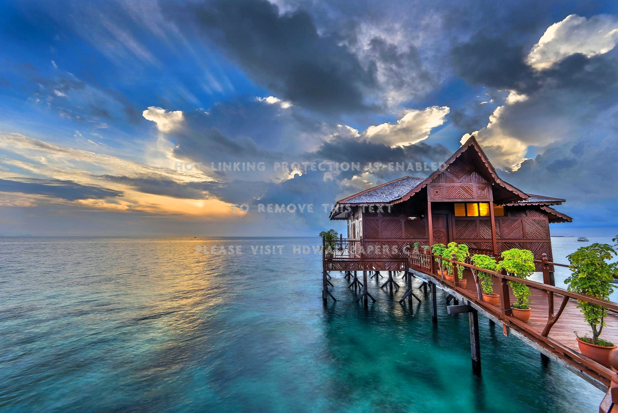 Tropical House At Sunrise Ocean Sabah Sky