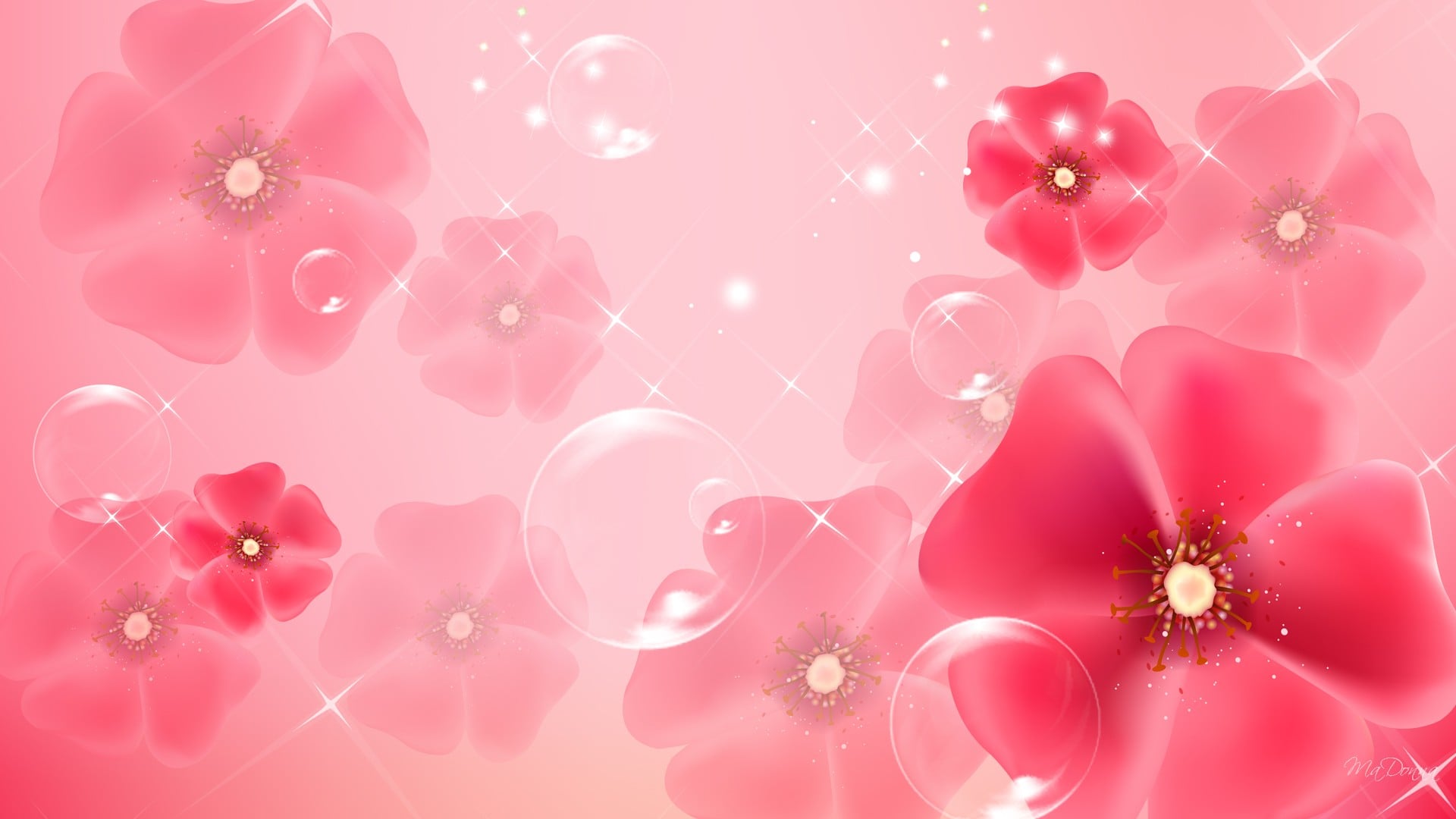 Soft pink wallpaper with delicate flowers and shimmering bubbles