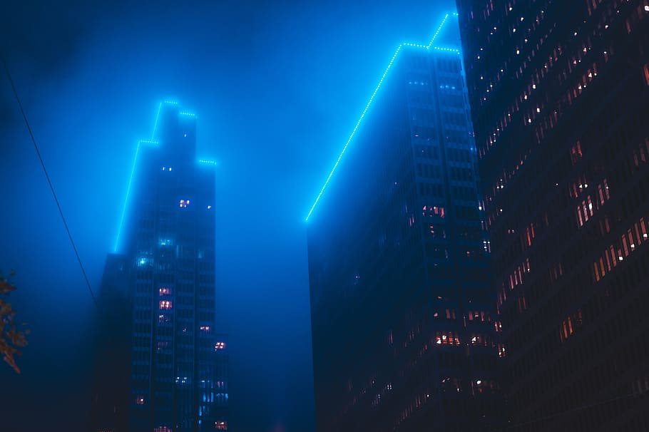 HD Wallpaper Top Lighted High Rise Building Sky Blue Neon