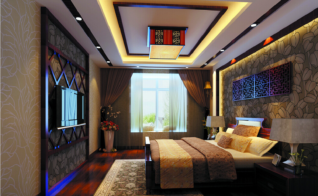 Free Download 3d Bedroom With Chinese Wallpaper And Ceiling