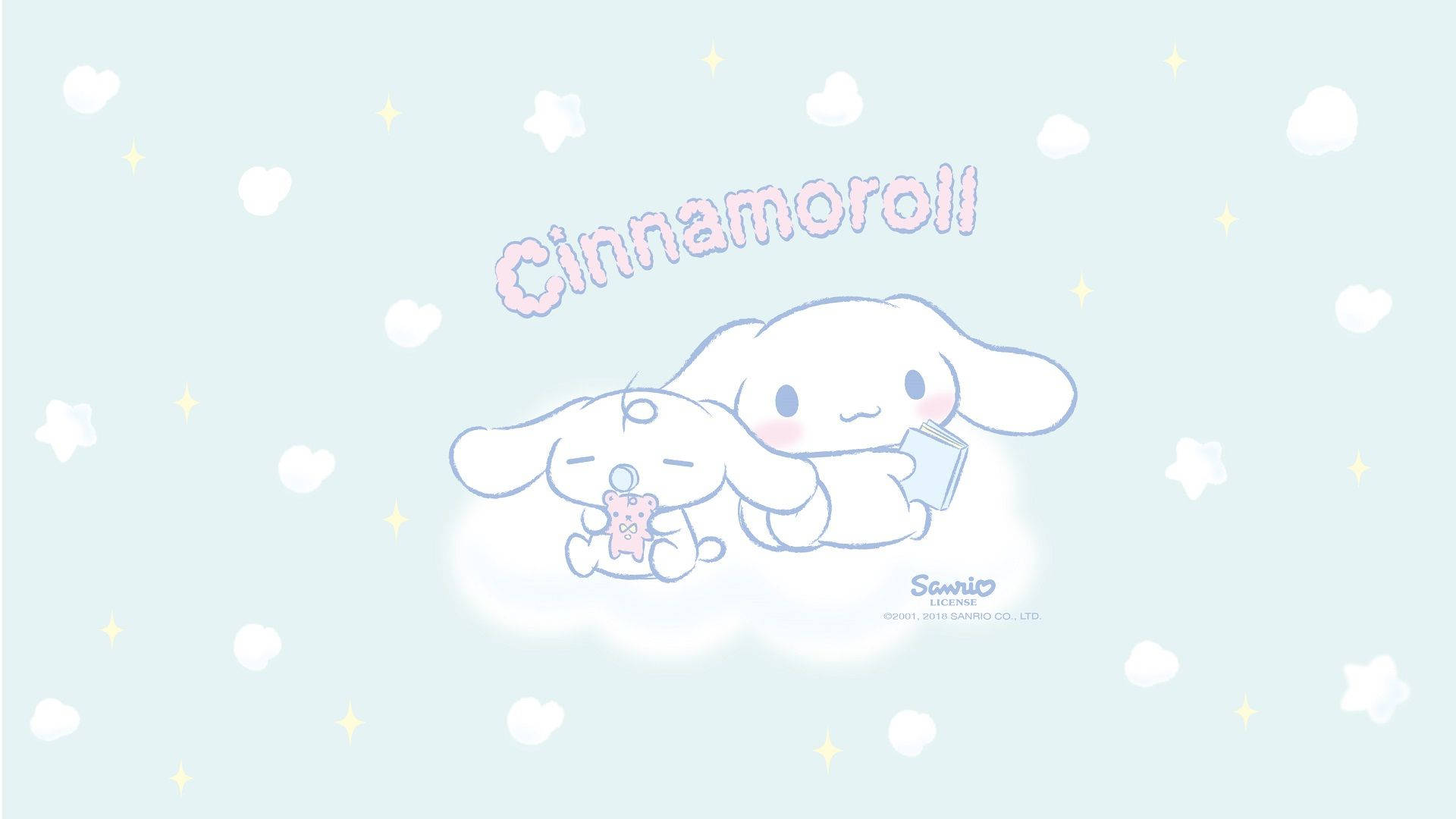 Two adorable Cinnamoroll characters on a cloud, with stars, against a pastel blue background. One holds a book, the other a teddy bear
