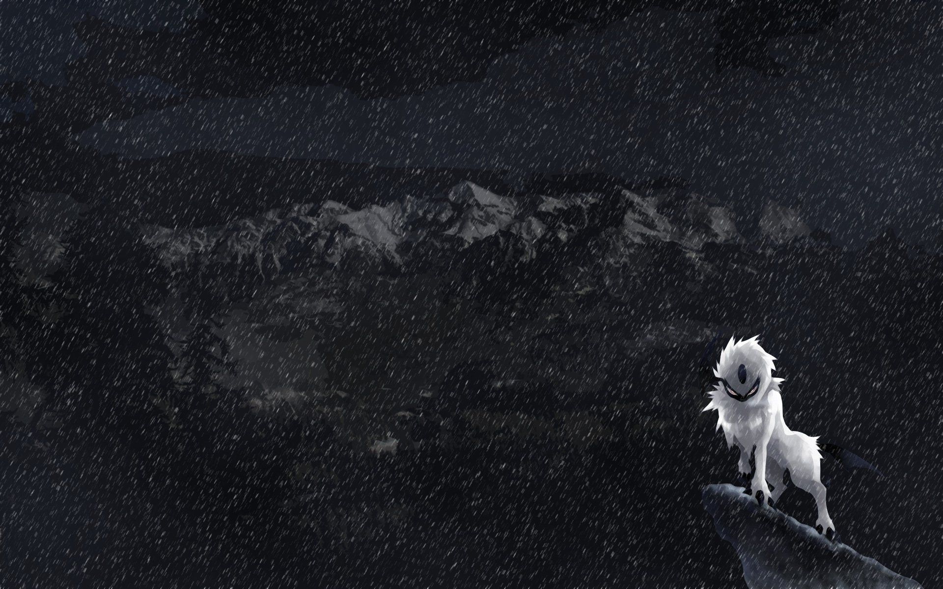 A majestic white Absol Pokemon stands atop a cliff in a snowy mountain landscape at night, its single eye glowing ominously