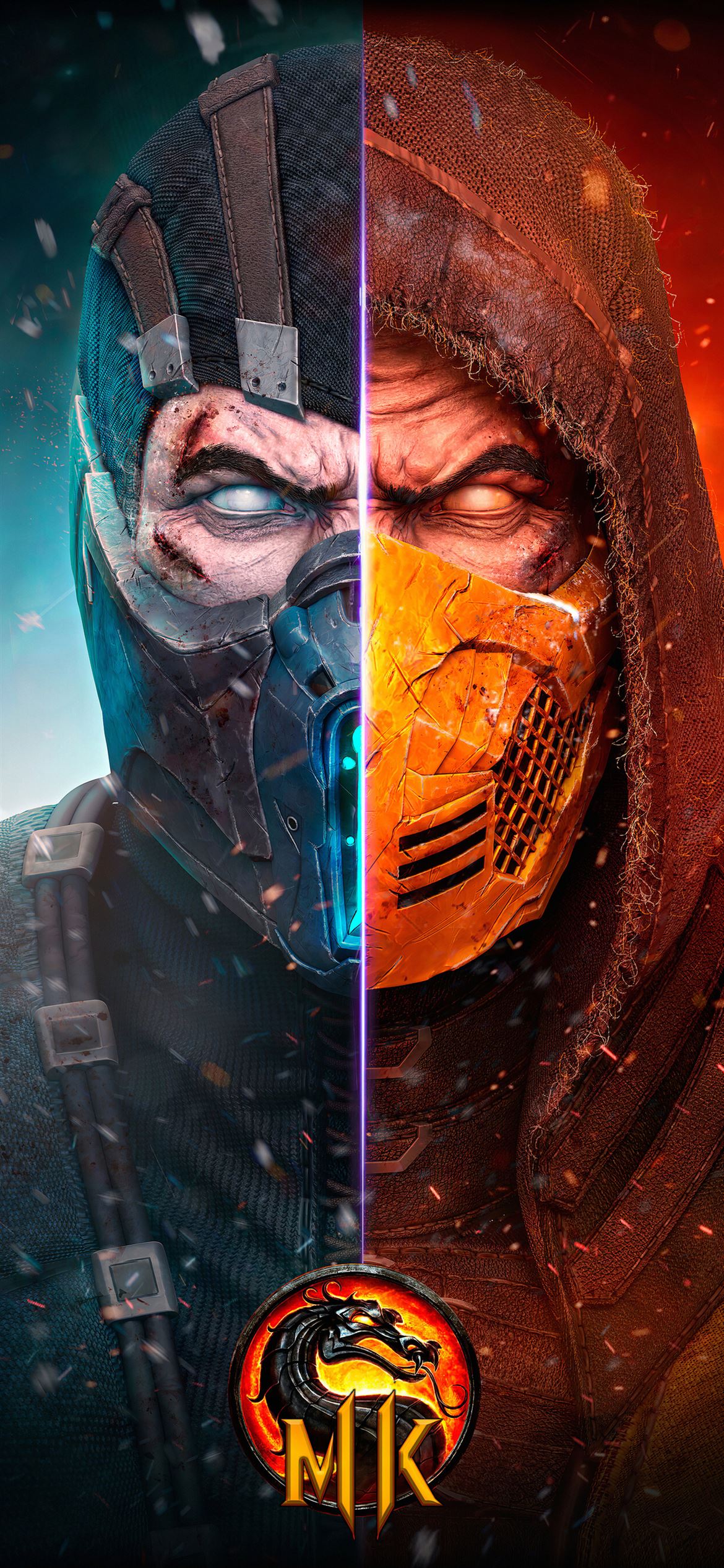 Split-faced portrait of Sub-Zero and Scorpion from Mortal Kombat, showcasing their iconic masks and contrasting color schemes against a backdrop of ice and fire