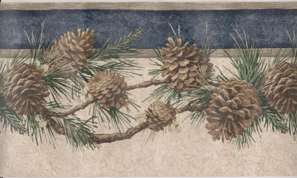 Creme Navy Blue Stripe Pine Cones And Needle Wallpaper Border Warner