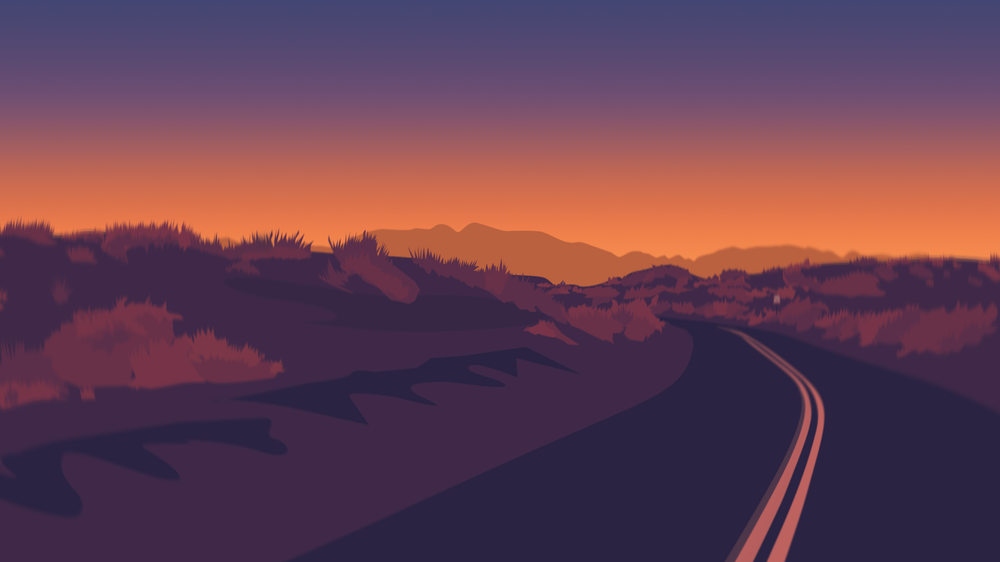 A minimalist 4k background image of a desert road at sunset, with a gradient sky and silhouetted mountains