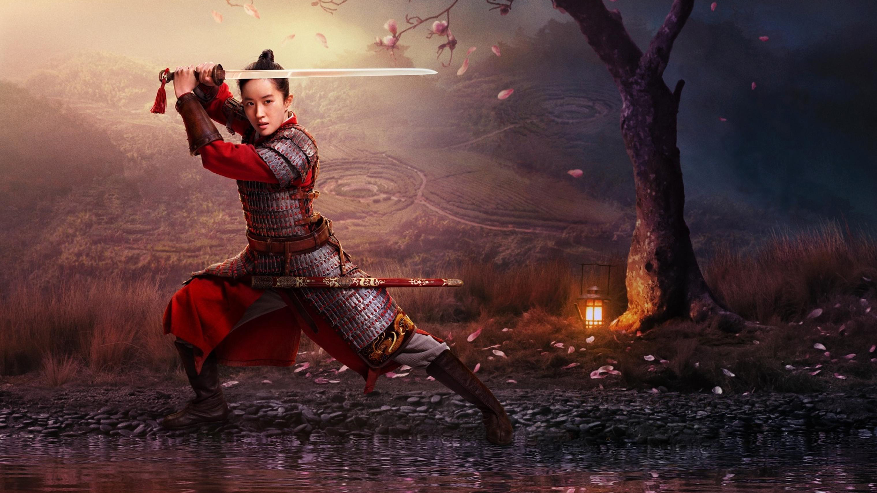 Mulan in a fighting stance, wielding a sword against a backdrop of a tranquil landscape