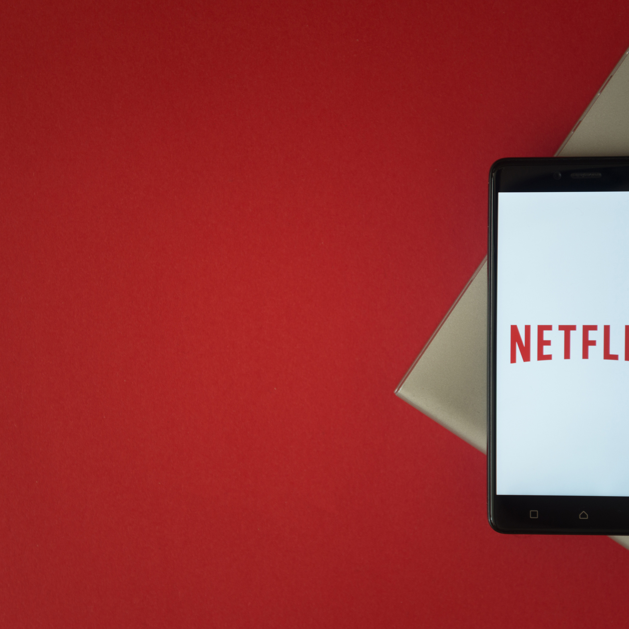Netflix logo displayed on a smartphone screen against a red background, suggesting the Netflix app or website