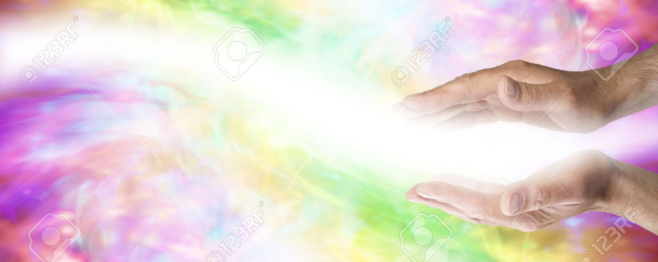 Male Parallel Healing Hands With Light Wave Passing On Colored