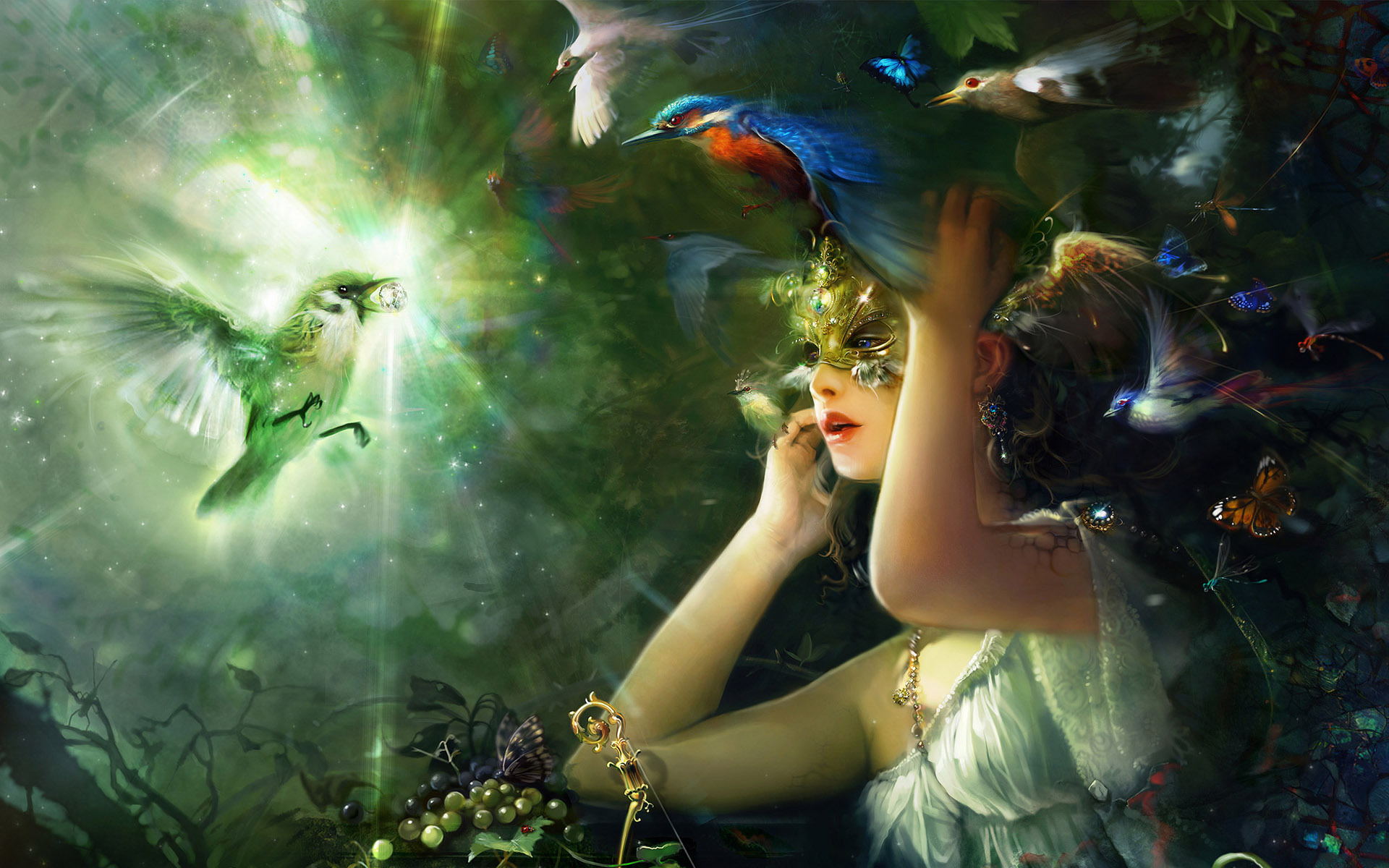 Forest fairy surrounded by birds wallpaper 1836