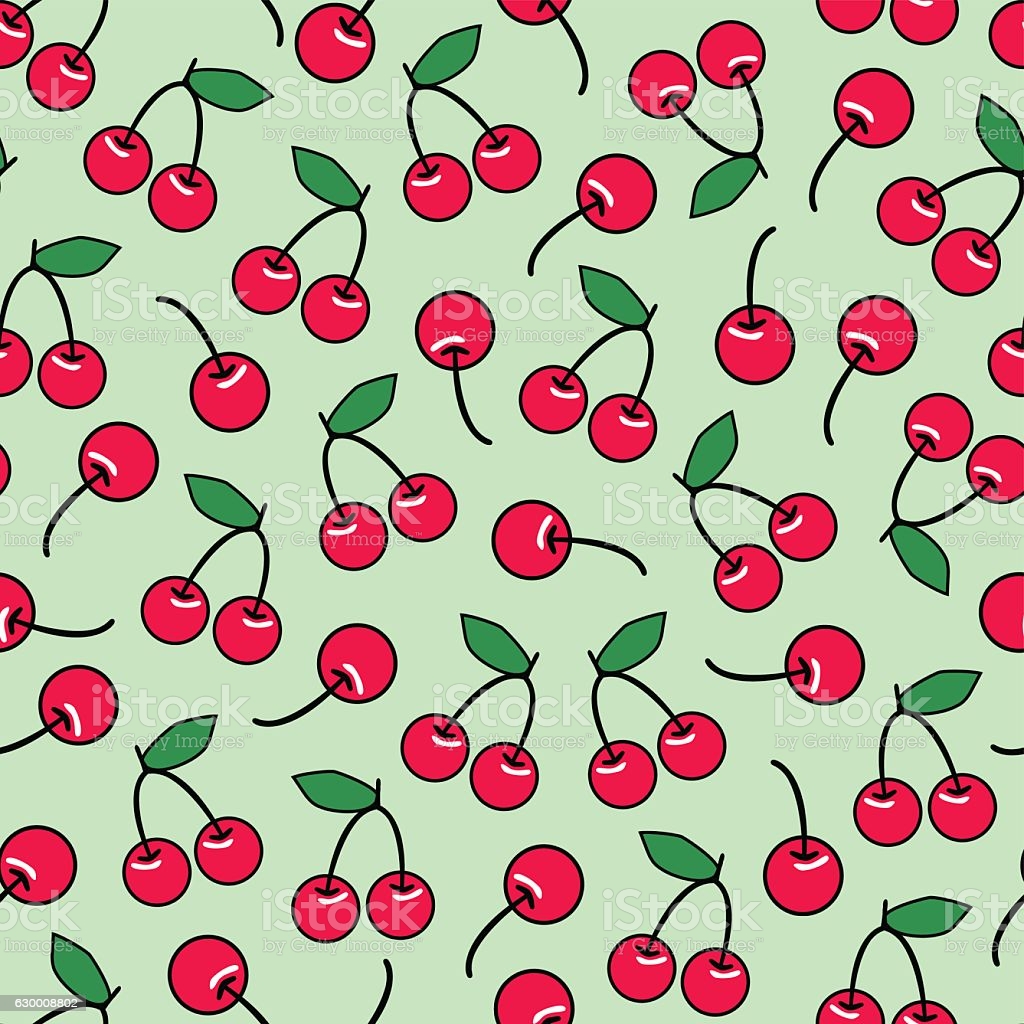 Cute Cherries Seamless Pattern Green Background Stock Illustration