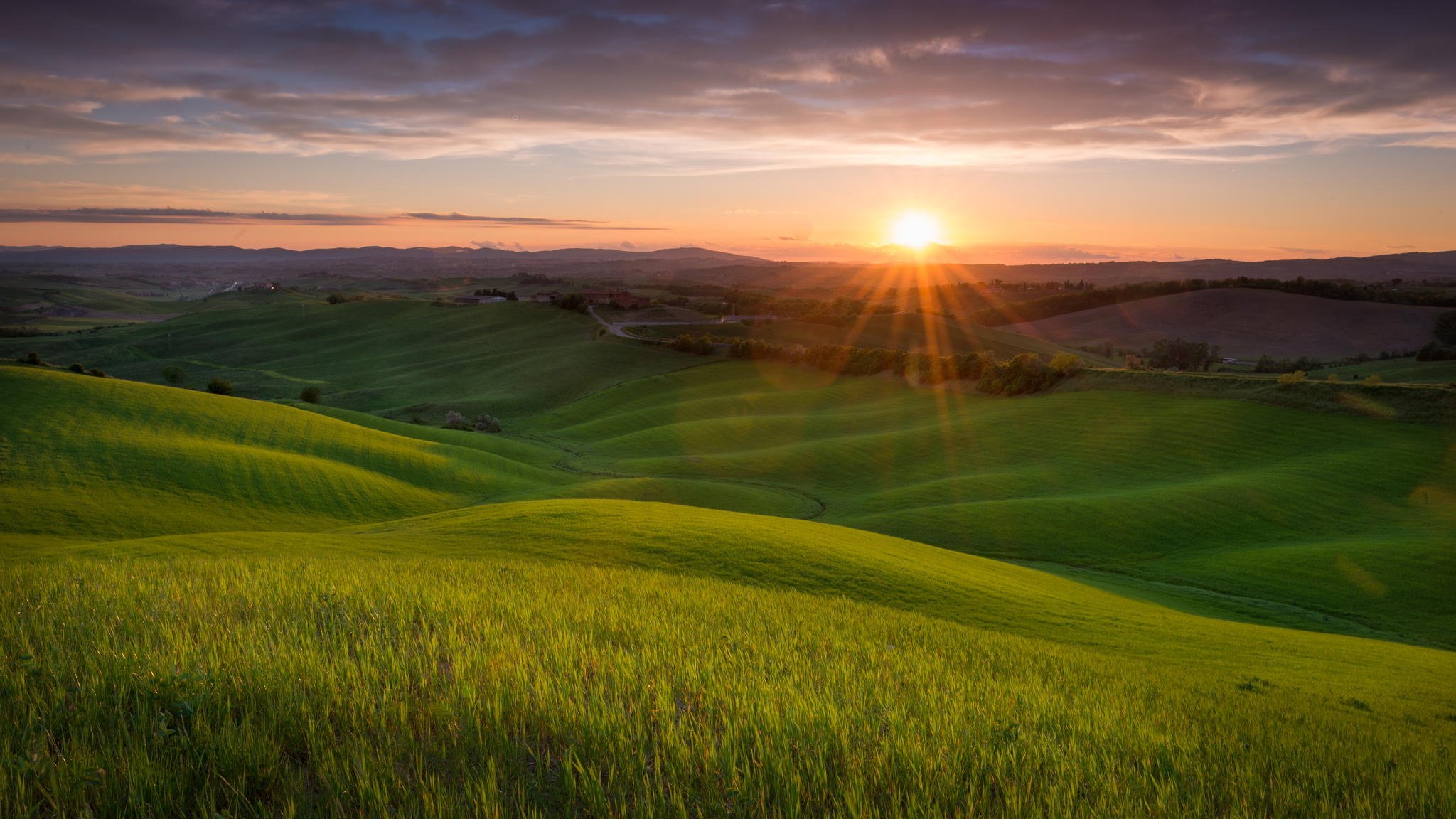 Landscape Nature Field Hills Sunset Sun Tuscany Italy Wallpaper