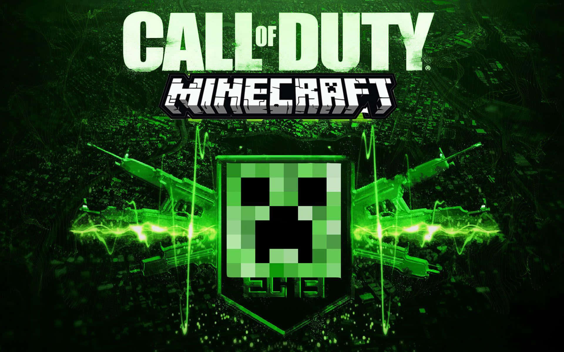 A humorous mashup wallpaper featuring elements of Call of Duty and Minecraft, with a pixelated Creeper face at the center and glowing green weaponry