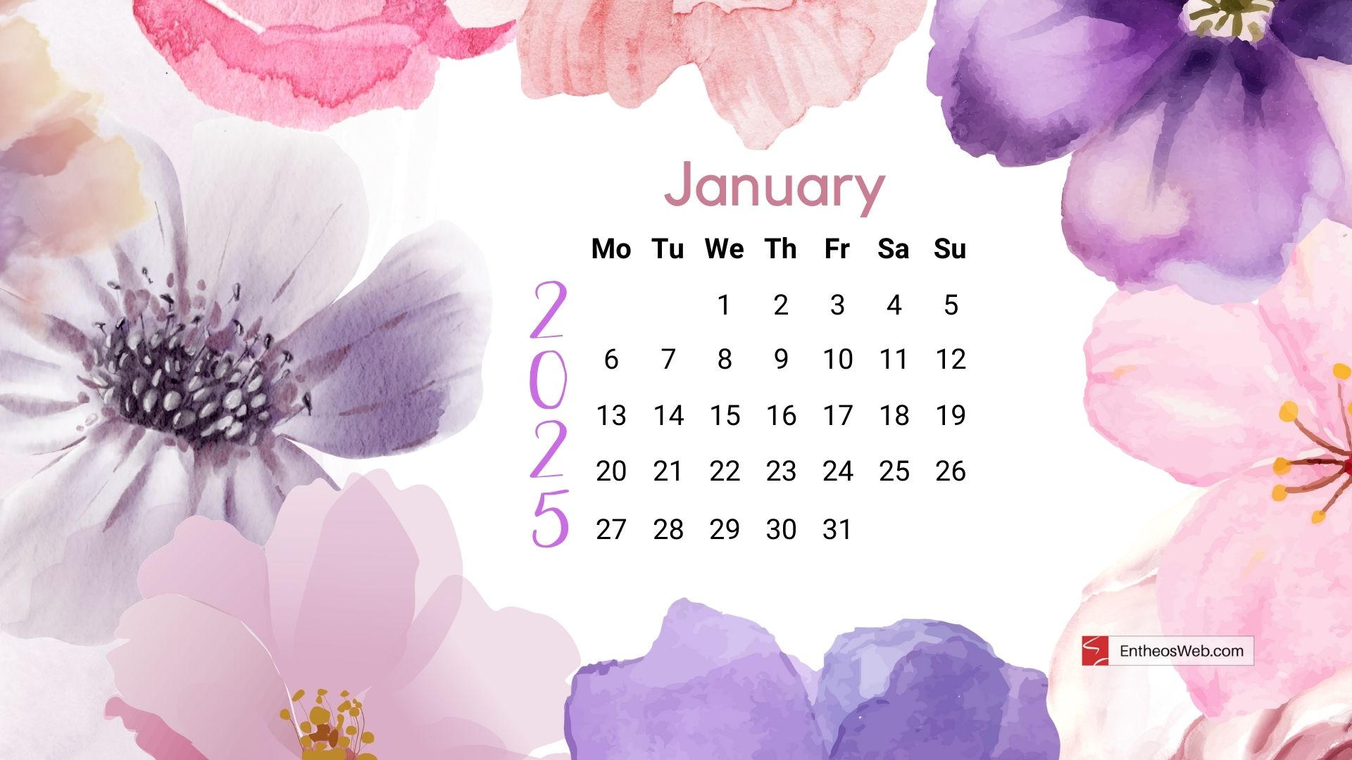 January 2025 calendar with watercolor flowers background