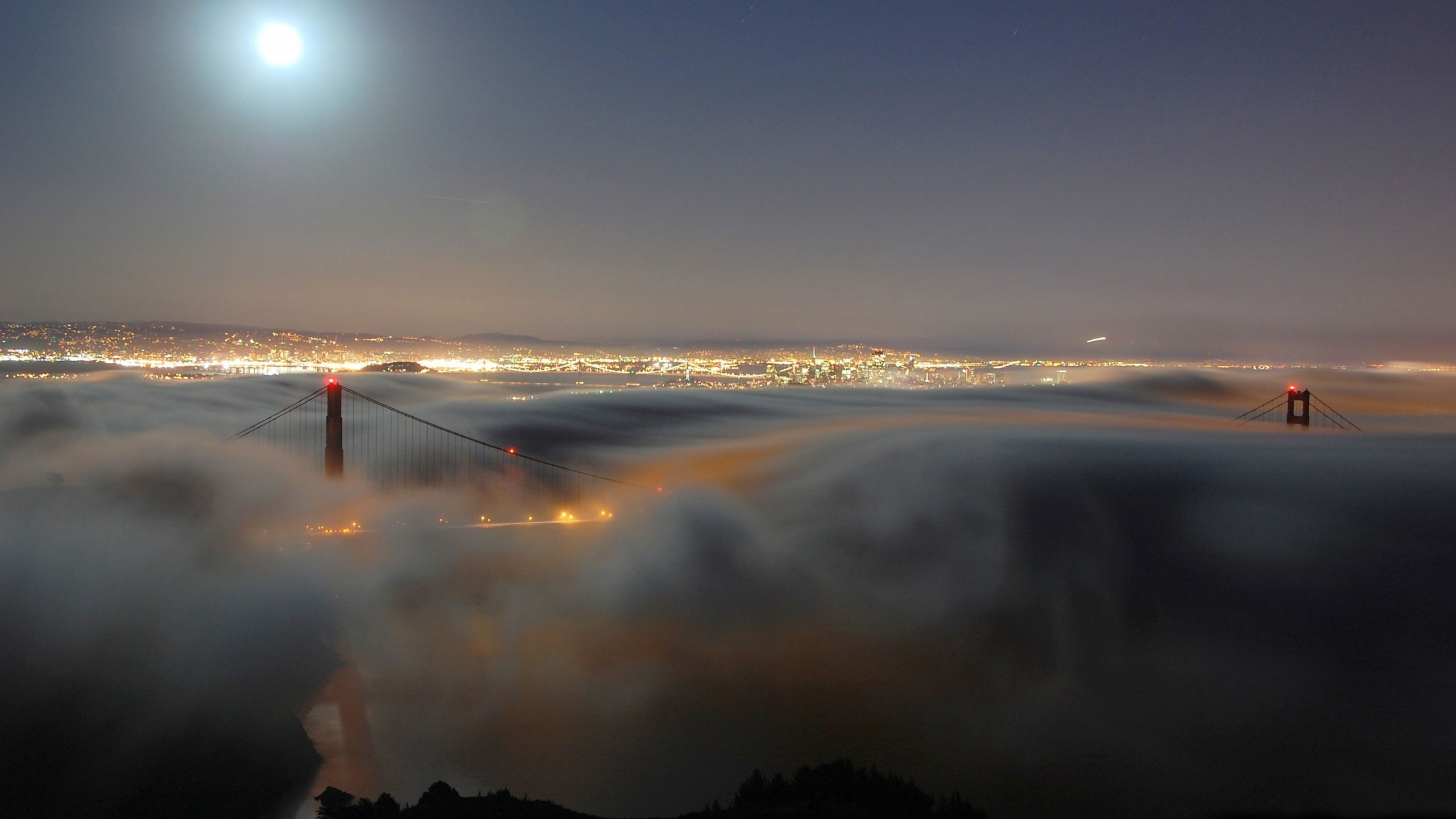 Wallpaper Golden Gate Bridge Light Moon Fog Night San Francisco