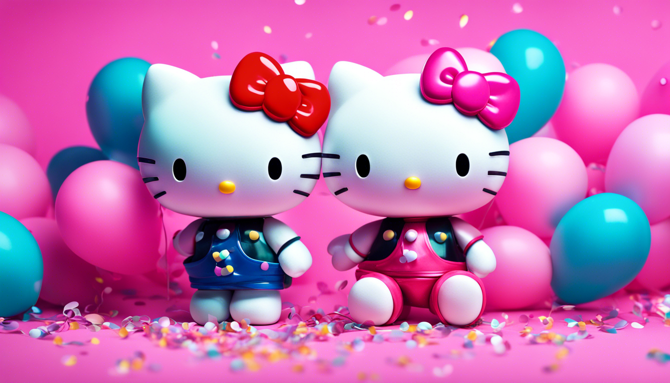 An Adorable And Vibrant Hello Kitty Themed Wallpaper For Desktop Featuring The Iconic Character Surrounded By Colorful Balloons Confetti Set Against A Pastel Pink Background
