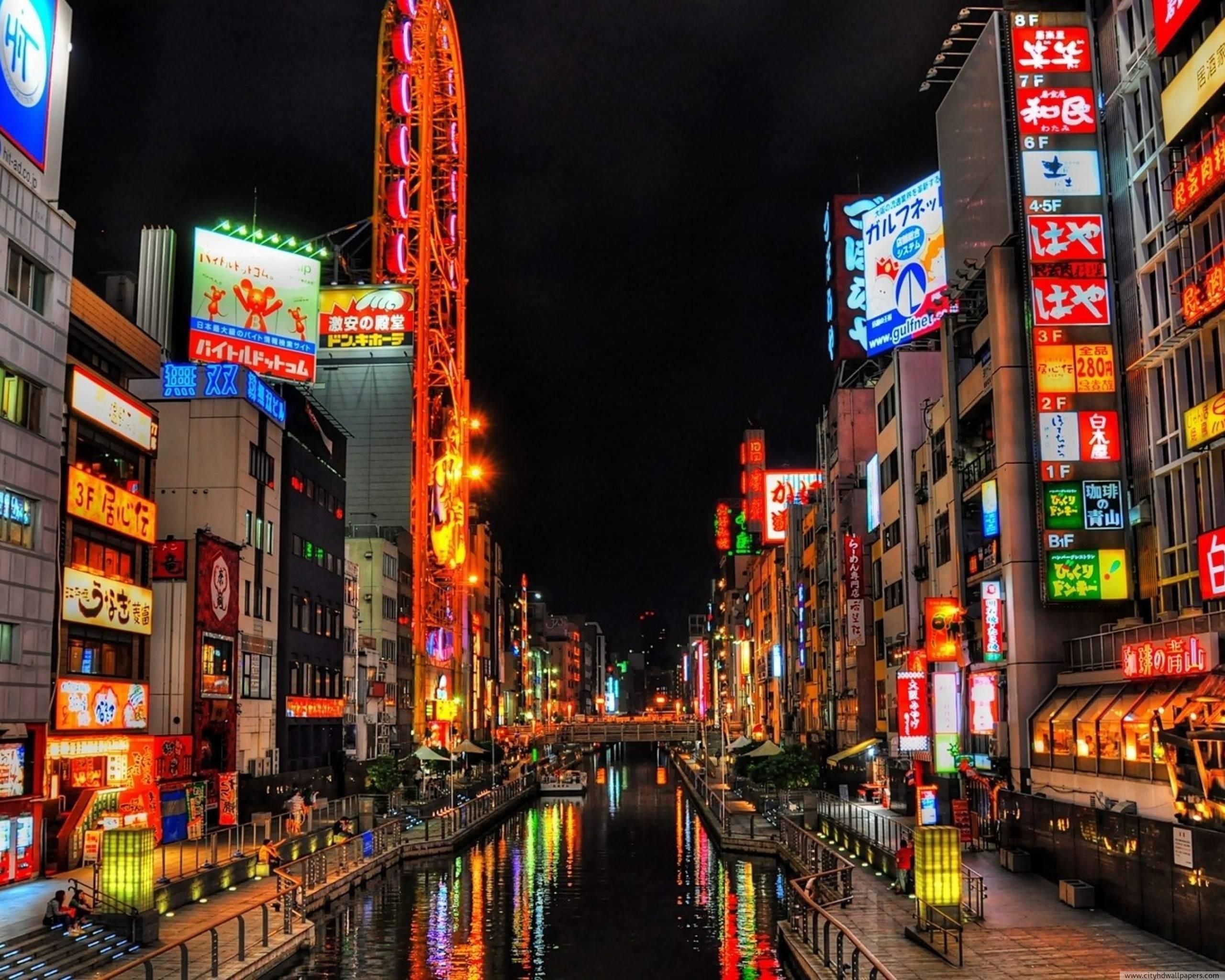 Street Lights Osaka City Walking Tour In Japan Wallpaper