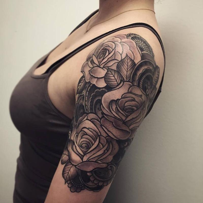 Black And Grey Roses With Henna Inspired Background By Laura Jade