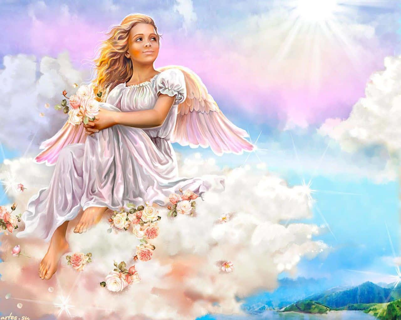 Lady Angel Heaven Background On Clouds Wallpaper