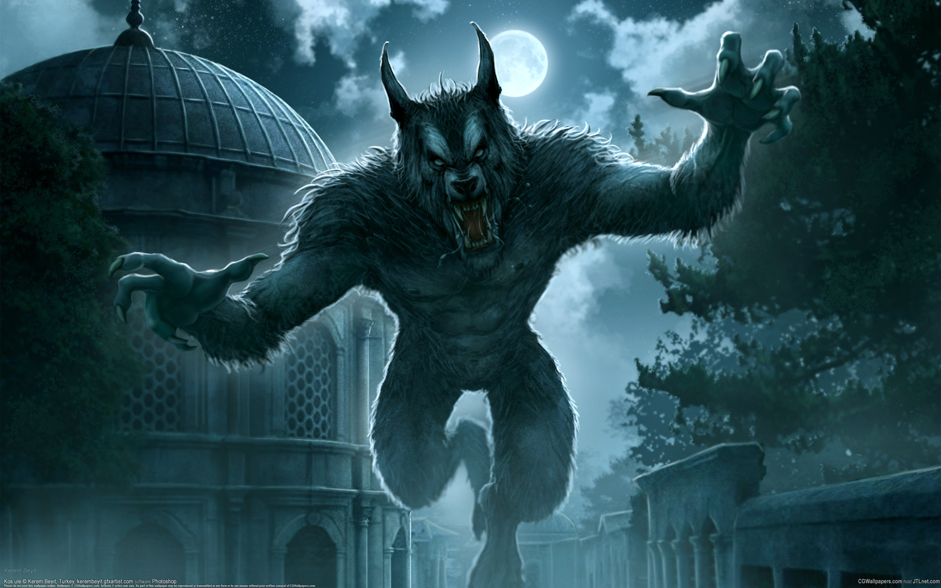 wolf wolves halloween architecture buildings night sky full moon moon