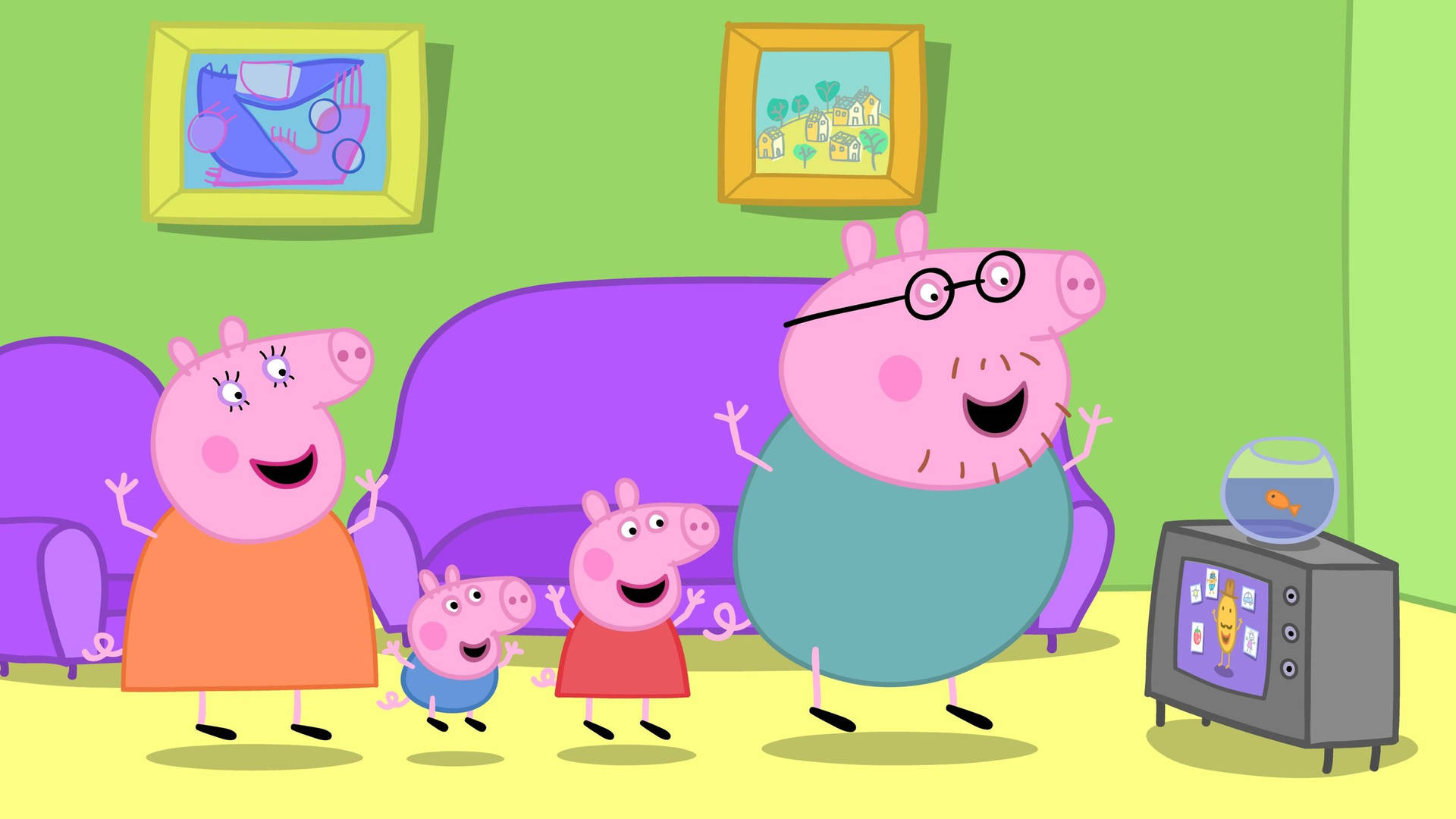 Peppa Pig family standing in their living room, with Daddy Pig looking at Goldie the fish in his bowl on top of the TV