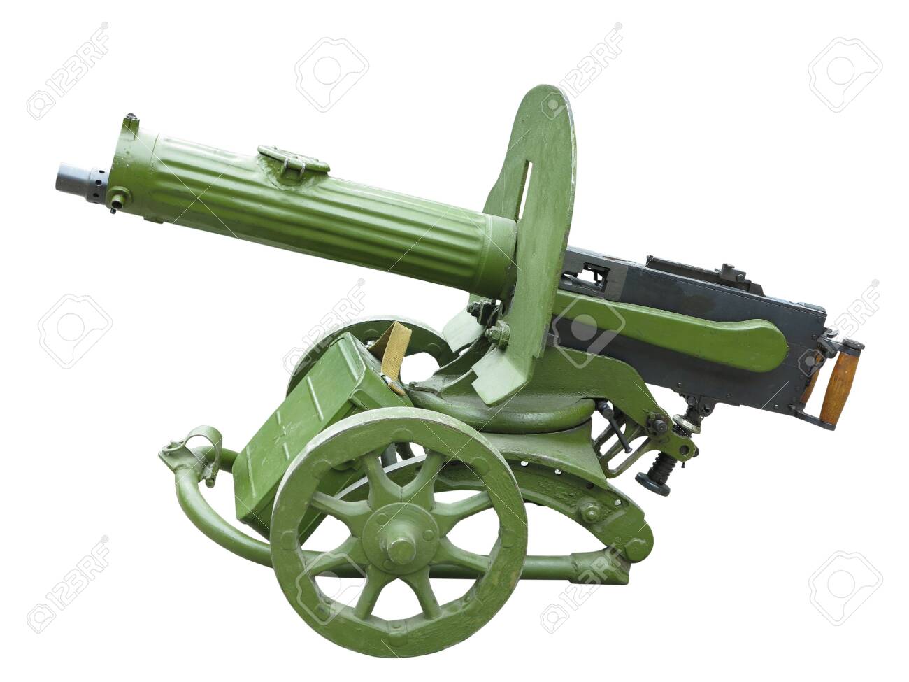 Old Green Maxim Machine Gun Isolated Over White Background Stock