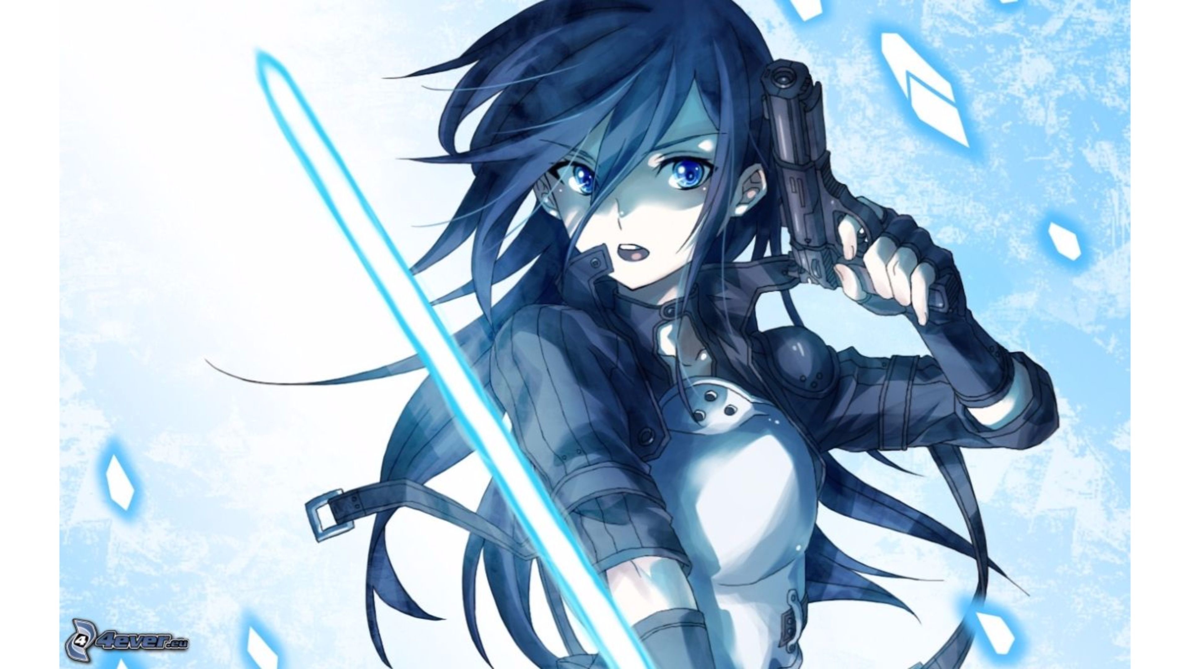 Anime girl with blue hair, wielding a glowing blue sword and holding a gun, against a light blue background